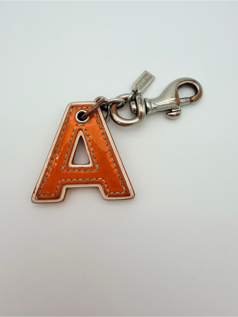 Coach Patent Leather 'A' Dog Leash Charm in Orange Red silver Hardware